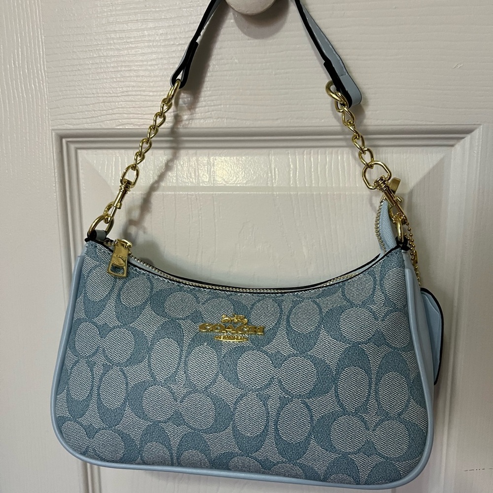 Coach Light Blue Signature Jacquard Chain Shoulder Bag